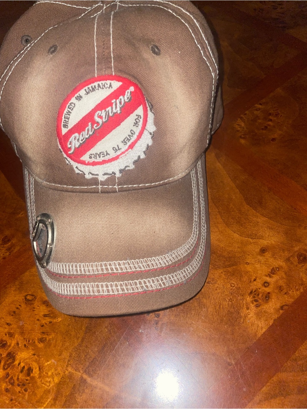Red Stripe Brown Baseball Cap with Logo Patch